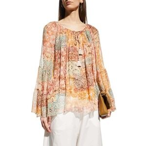 Johnny Was Kanarra Sheer Silk Top Tiered Patchwork Paisley Bell Sleeve NWT Sz M